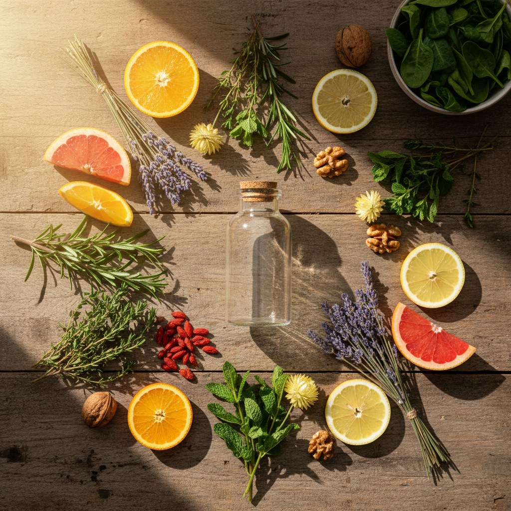 Supplement bottle nestled in fresh herbs and whole foods on a rustic table